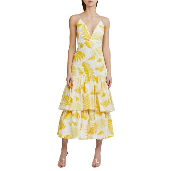 Acler Womens Wray Dress Deep V Neck Backless Tiered Yellow Leaf Print Size 6 - Picture 1 of 10